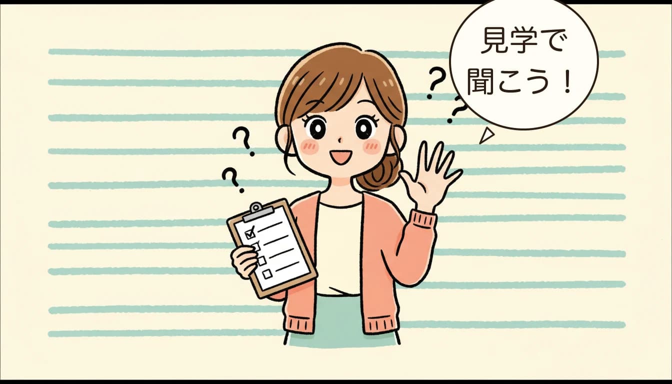 見学時の5つの質問リストを手にする母親のコミックエッセイ風イラスト