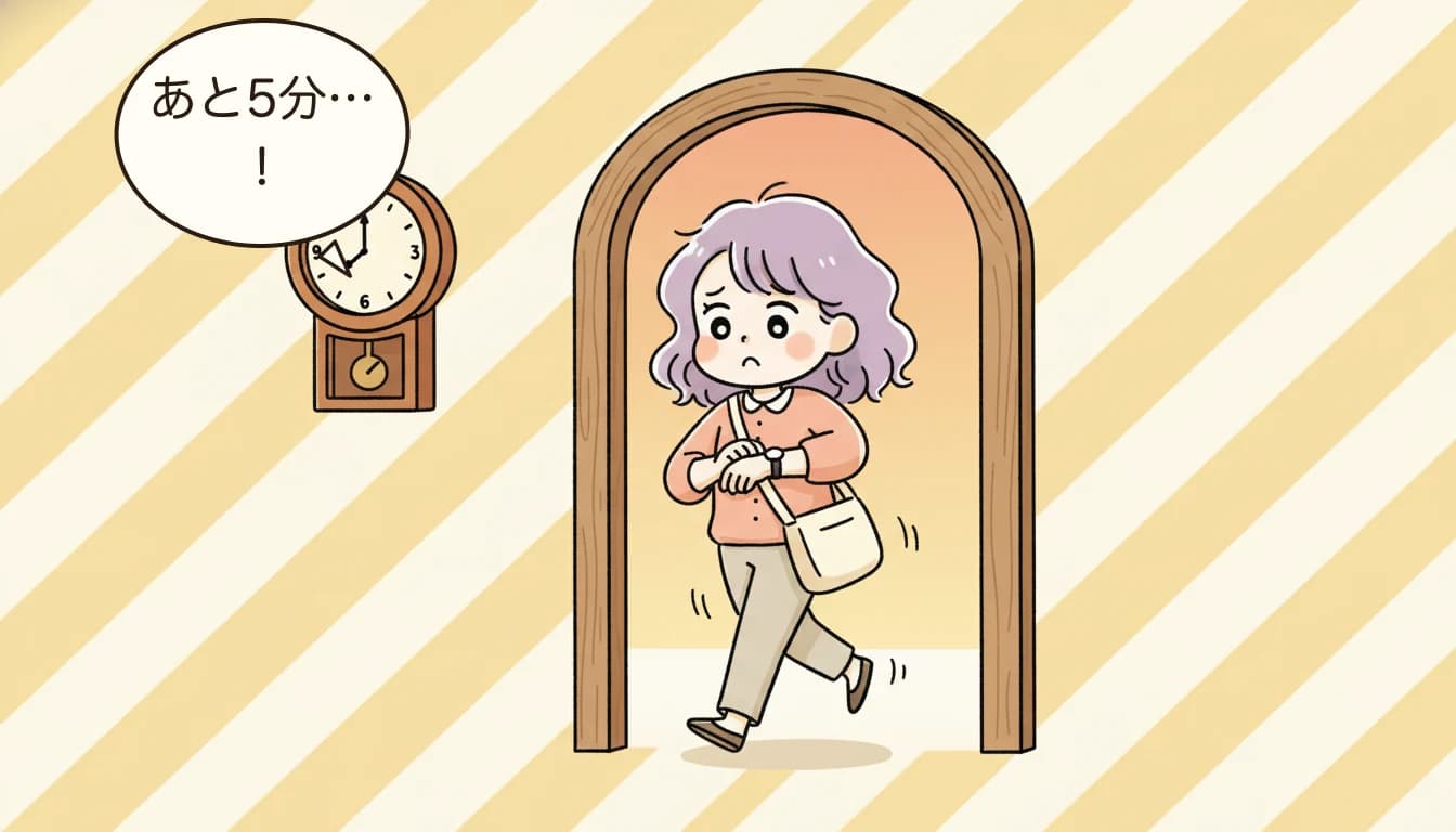 お迎え時間に間に合わず焦る母親のコミックエッセイ風イラスト