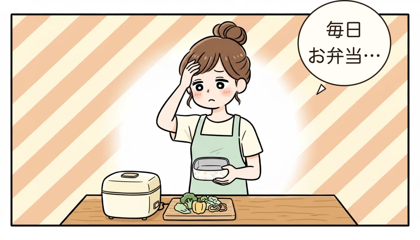 夏休みの弁当作りで疲弊する母親のコミックエッセイ風イラスト