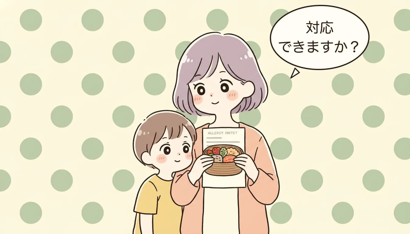 アレルギー対応を確認する母親のコミックエッセイ風イラスト