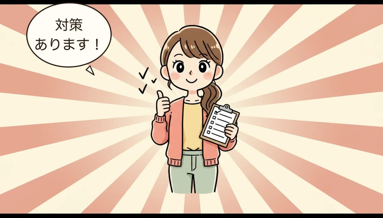 生活面の対策を整理する母親のコミックエッセイ風イラスト