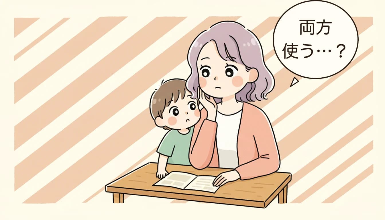 公立と民間のパンフレットを比較する母親のコミックエッセイ風イラスト