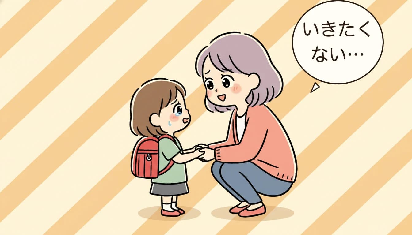 学童に行きたくないと泣く小1女児に寄り添う母親のコミックエッセイ風イラスト