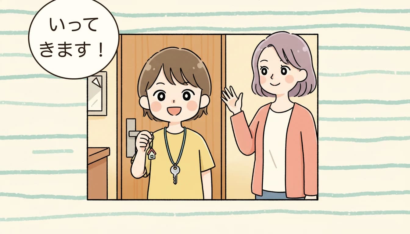 鍵を首に下げ留守番デビューする小学生のコミックエッセイ風イラスト