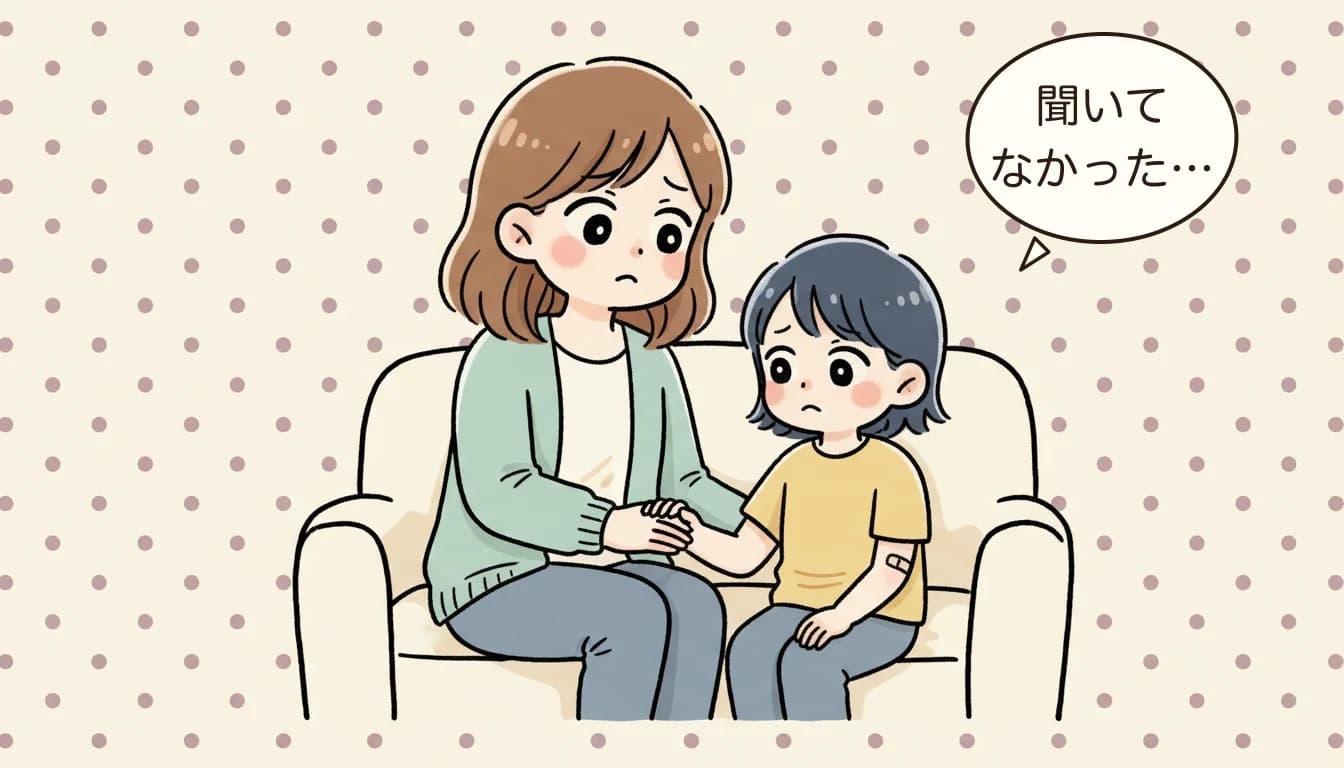 子どもの怪我に気づき不信感を抱く母親のコミックエッセイ風イラスト