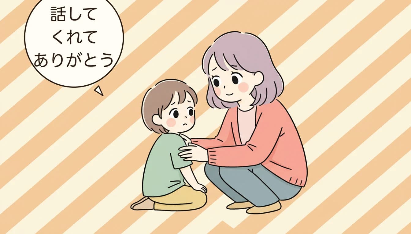 子どもの話に耳を傾ける母親のコミックエッセイ風イラスト