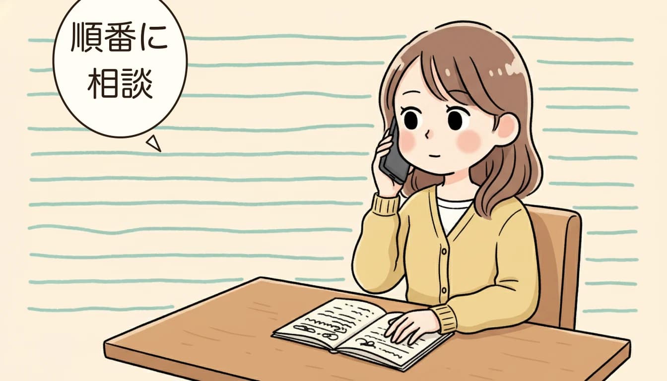 冷静に相談先へ電話をかける母親のコミックエッセイ風イラスト