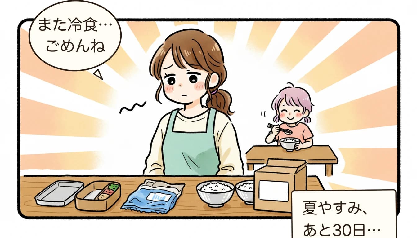 夏休みのお弁当・夕食作りに疲弊するママの台所風景を描いたコミックエッセイ風イラスト
