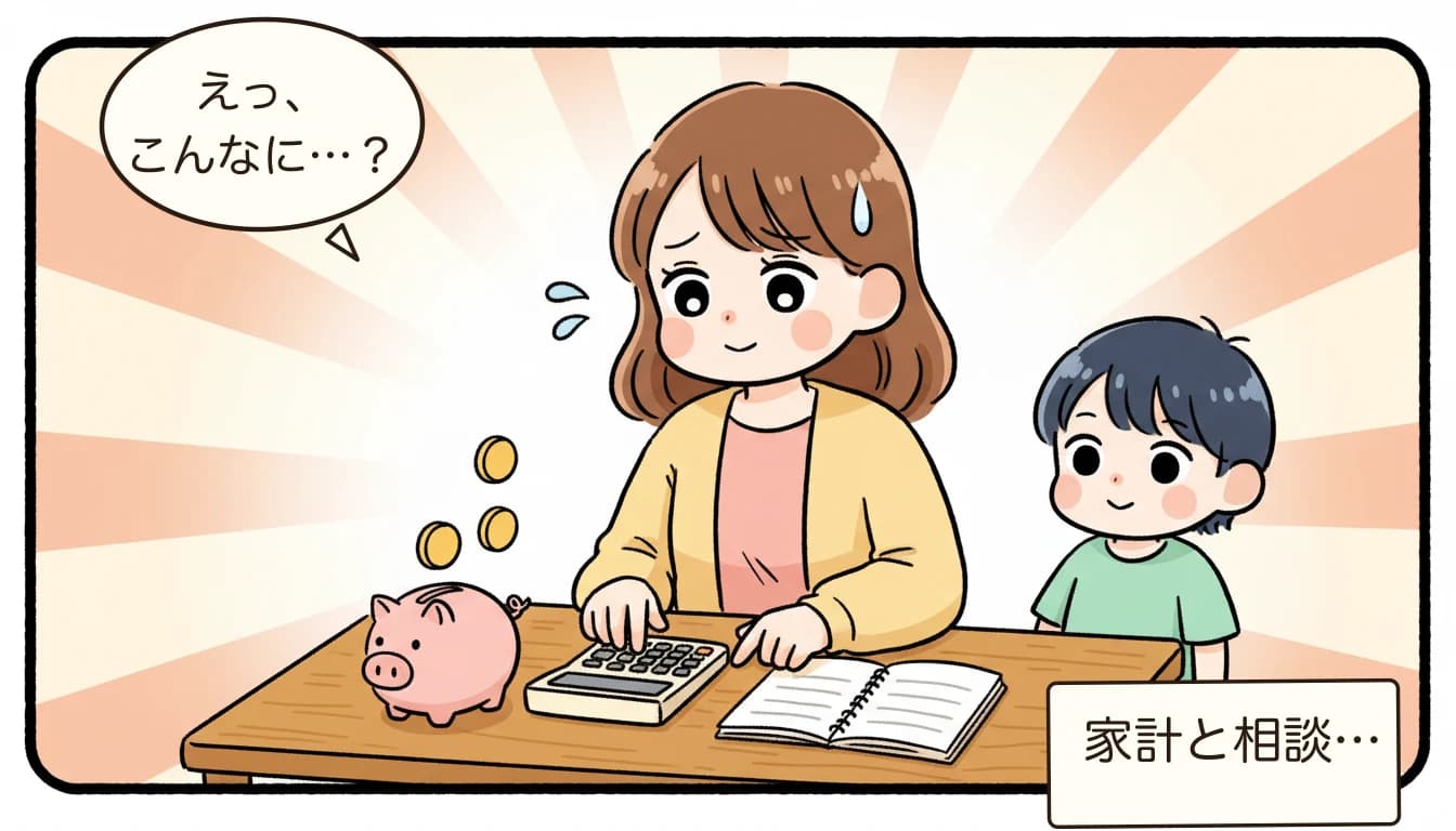 兄弟割引がある学童一覧｜2人目以降の費用を抑える方法【2026年最新】について電卓をたたいて悩む母親のコミックエッセイ風イラスト