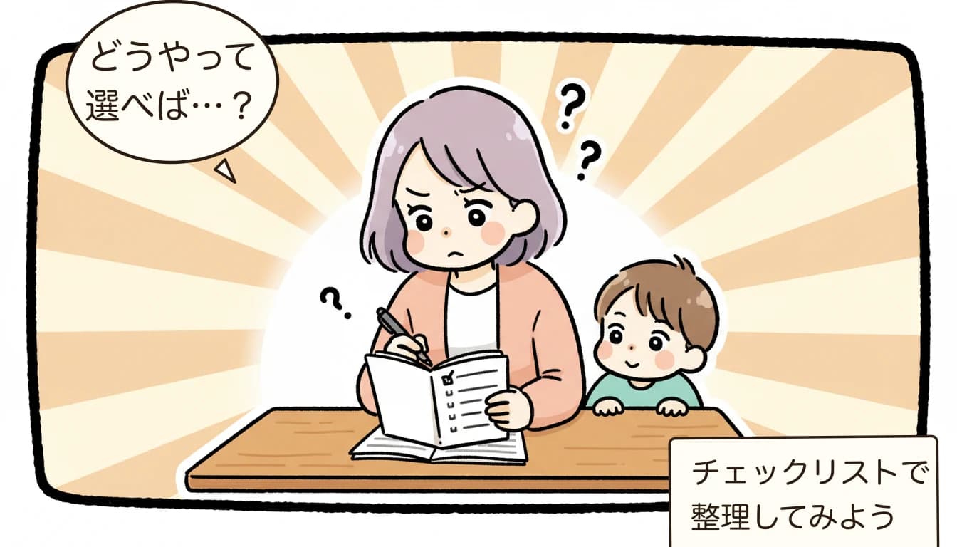 学童の指導員の質を見極める7つのポイント｜見学でわかるチェック法【2026年版】を考える母親がチェックリストを見ながら悩むコミックエッセイ風イラスト