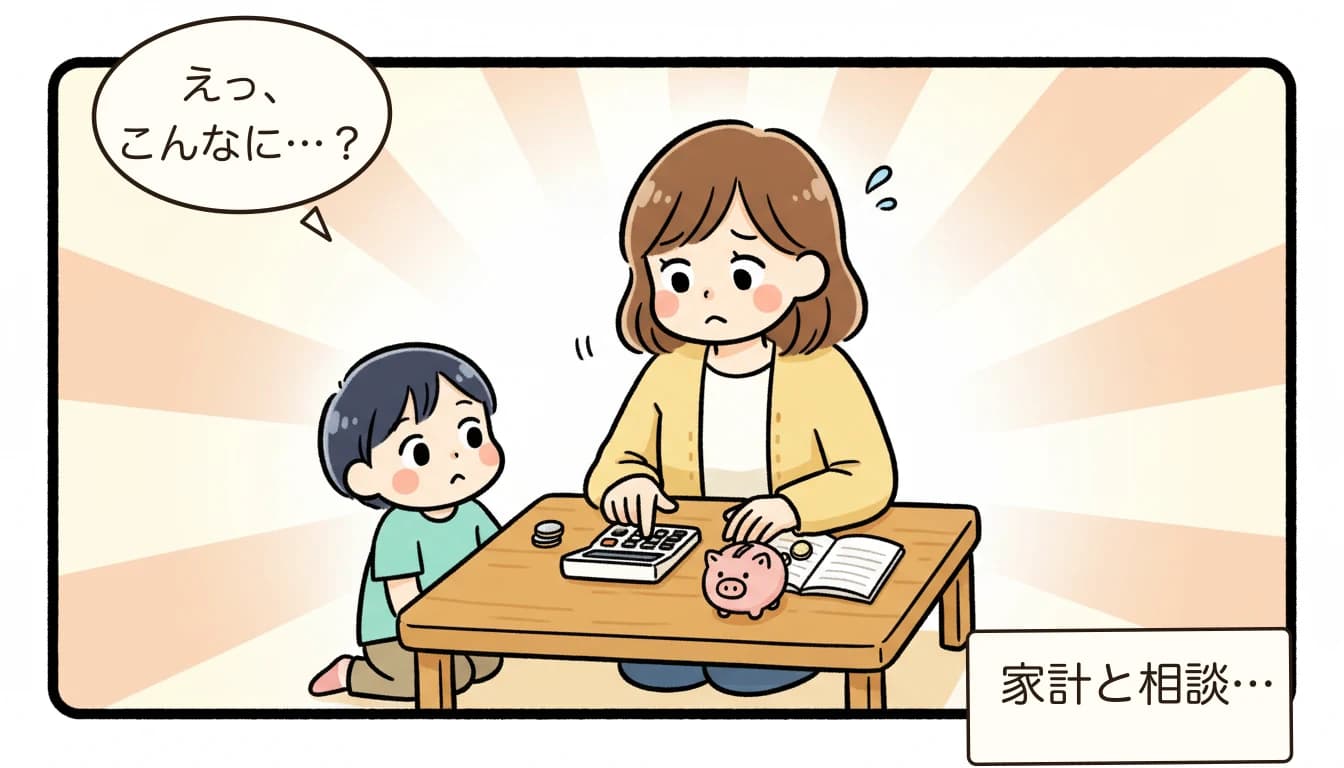 学童保育の補助金・助成金 21エリア自治体別一覧【2026年版】について電卓をたたいて悩む母親のコミックエッセイ風イラスト