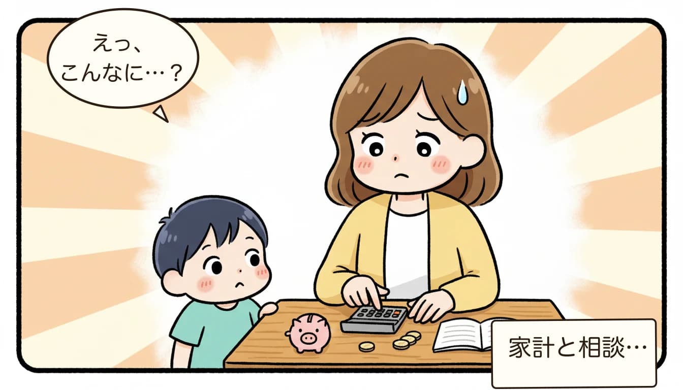 夏休みだけ学童に預けたい｜短期利用の費用と方法【2026年最新】について電卓をたたいて悩む母親のコミックエッセイ風イラスト