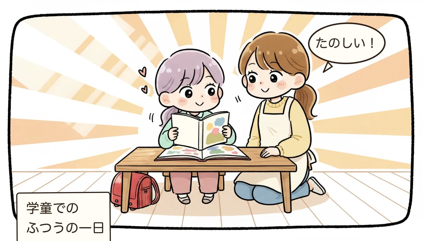 学童保育で子どもが楽しく過ごす日常を描いたコミックエッセイ風イラスト