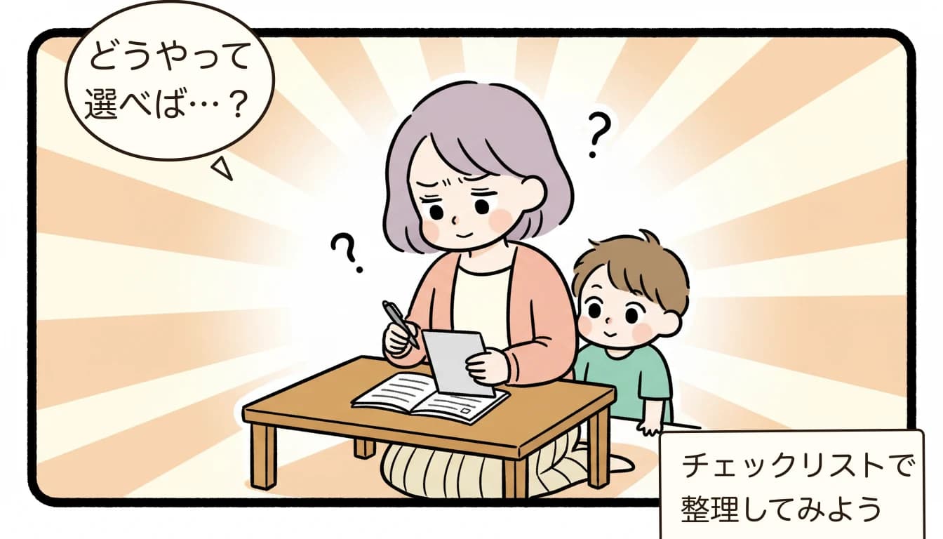 学童は何年生まで？高学年の過ごし方と民間学童の活用法【2026年最新】を考える母親がチェックリストを見ながら悩むコミックエッセイ風イラスト