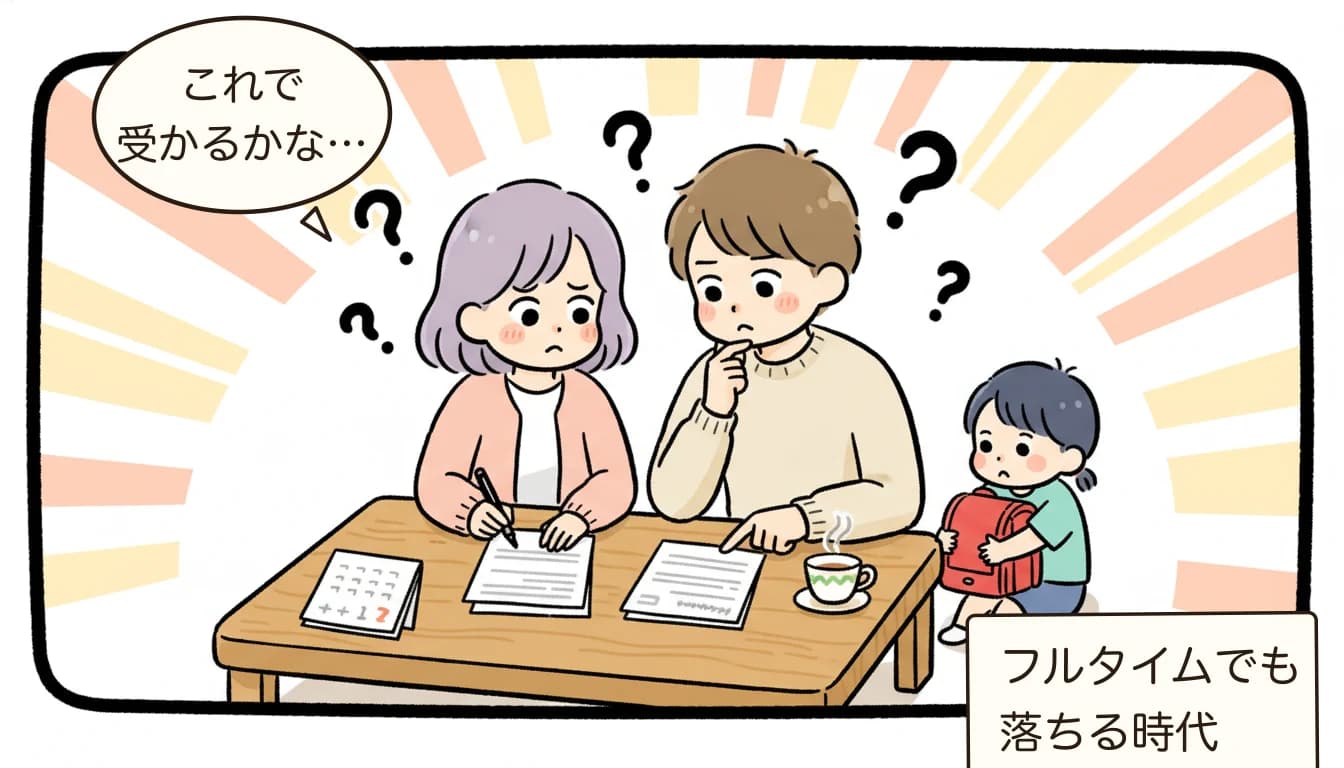 学童入所申込書を前に作戦を練る共働き夫婦のコミックエッセイ風イラスト