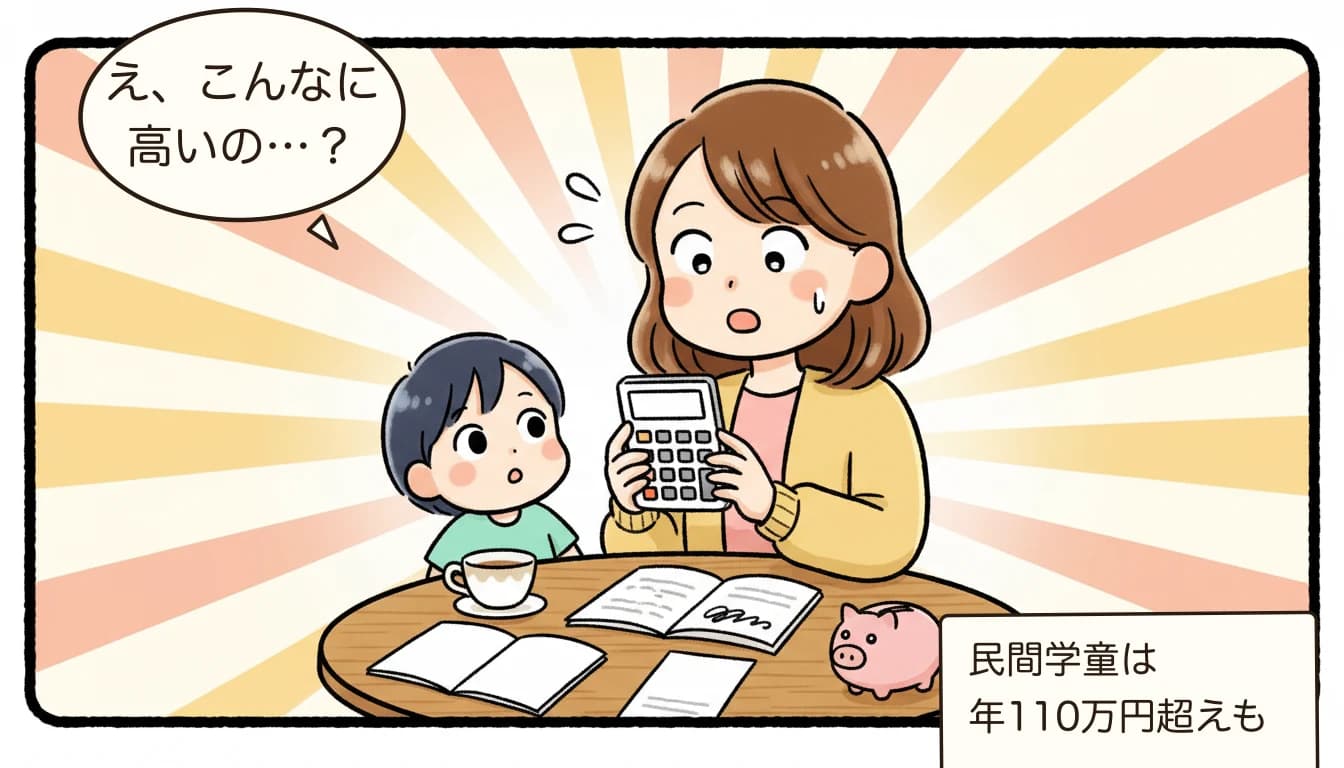 学童費用の現実に困惑する母親のコミックエッセイ風イラスト