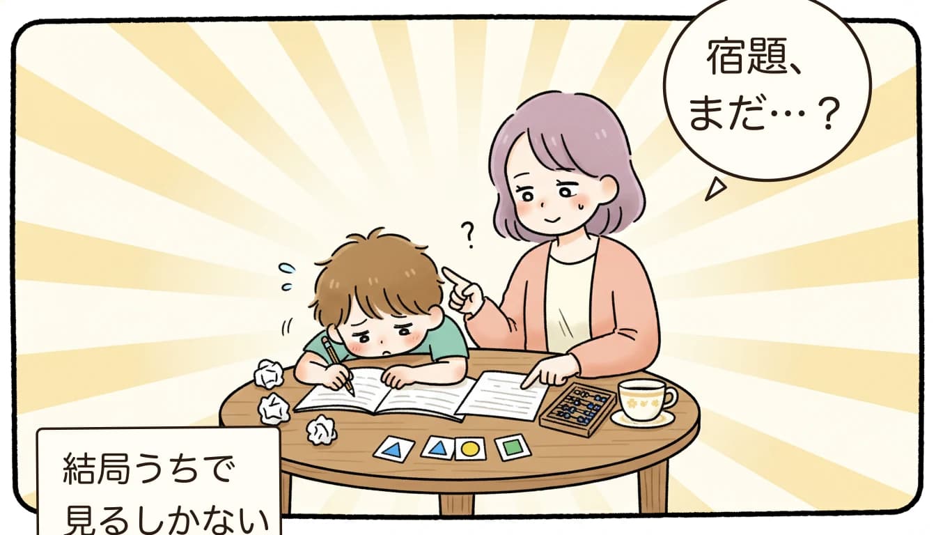 学童帰りの宿題に向き合う親子のコミックエッセイ風イラスト