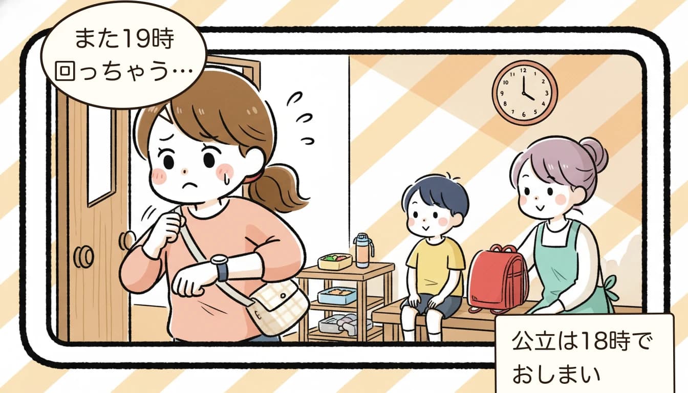 学童のお迎え時間に間に合わず焦る働く母親のコミックエッセイ風イラスト