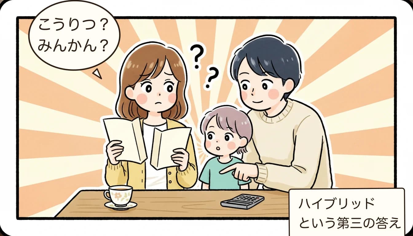 公立か民間かの2つのパンフレットを見比べる家族のコミックエッセイ風イラスト