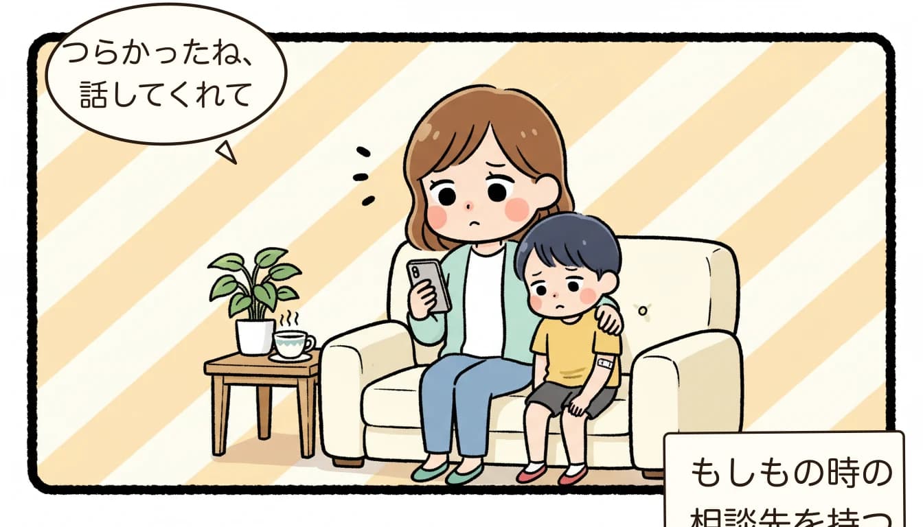 学童で起きたトラブルに静かに向き合う母子のコミックエッセイ風イラスト