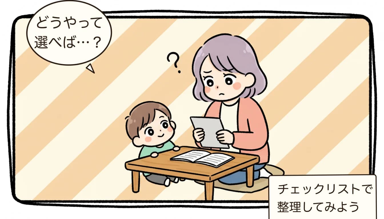 学童に入れない場合の対処法5つ｜待機児童になったら【2026年最新】を考える母親がチェックリストを見ながら悩むコミックエッセイ風イラスト