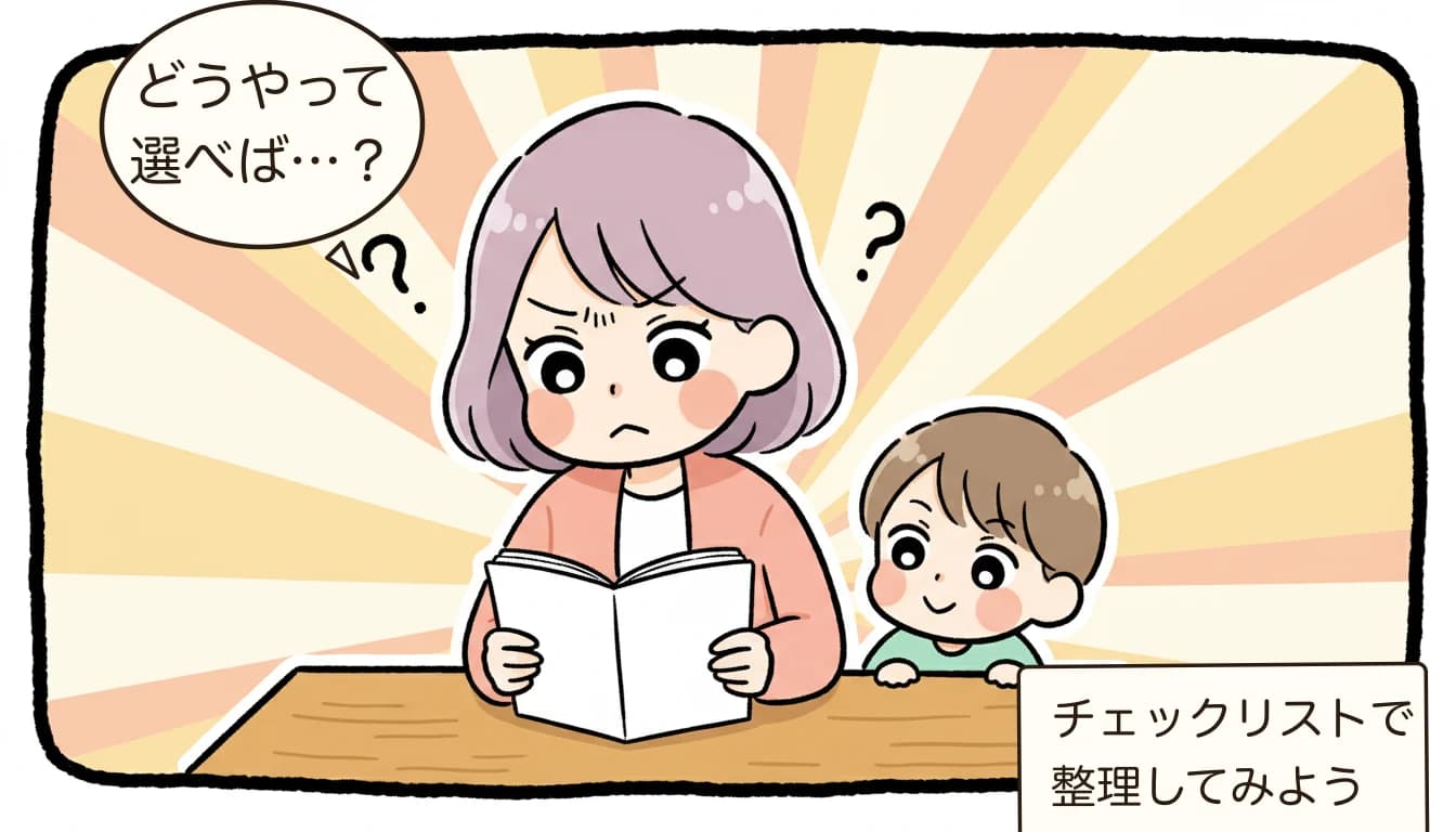 学童はいつから探す？申込スケジュールと準備のタイムライン【2026年最新】を考える母親がチェックリストを見ながら悩むコミックエッセイ風イラスト