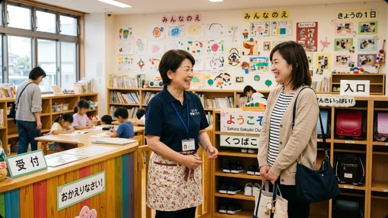 学童保育のスタッフと保護者が笑顔で話す様子