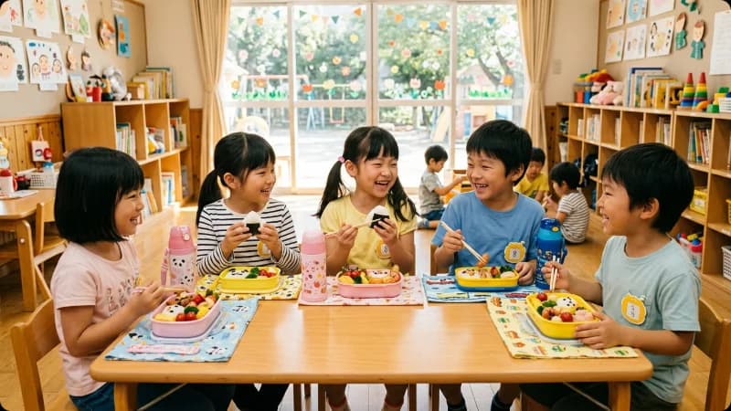 学童保育で楽しくお弁当を食べる小学生たち
