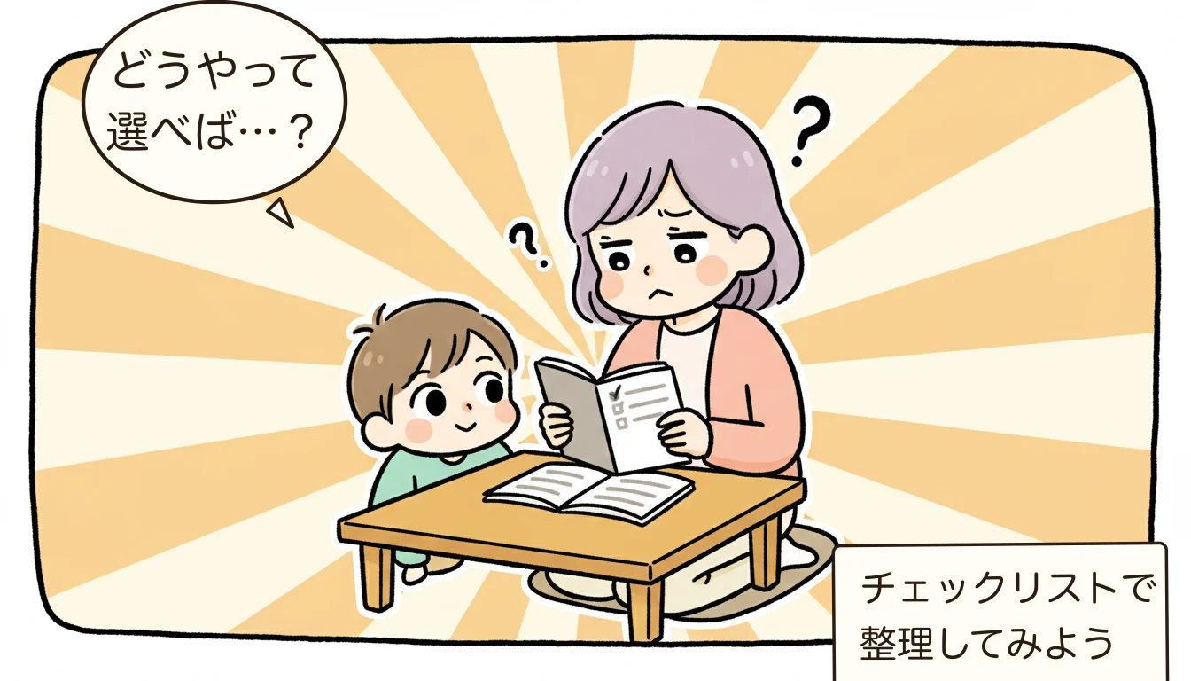 学童と放課後子ども教室の違い|併用できる?【2026年最新】を考える母親がチェックリストを見ながら悩むコミックエッセイ風イラスト
