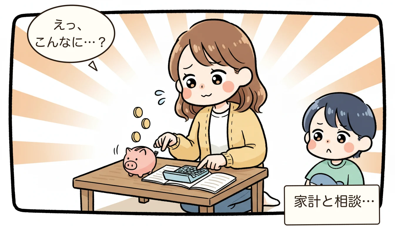学童+習い事の年間費用シミュレーション|家計への影響は?【2026年最新】について電卓をたたいて悩む母親のコミックエッセイ風イラスト