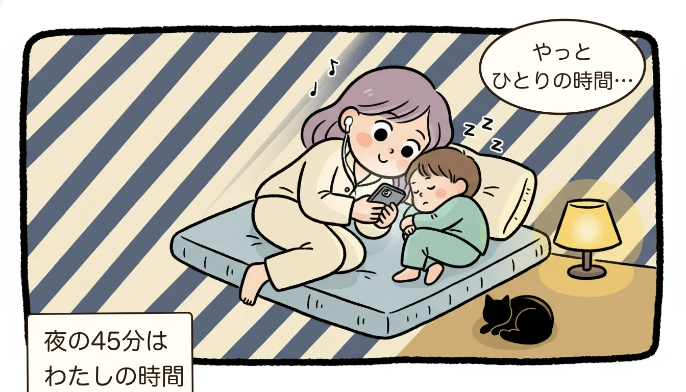 寝かしつけ中の暗い寝室でイヤホンをつけてAudibleを聴く母親と、隣で眠る子どもを描いたコミックエッセイ風イラスト