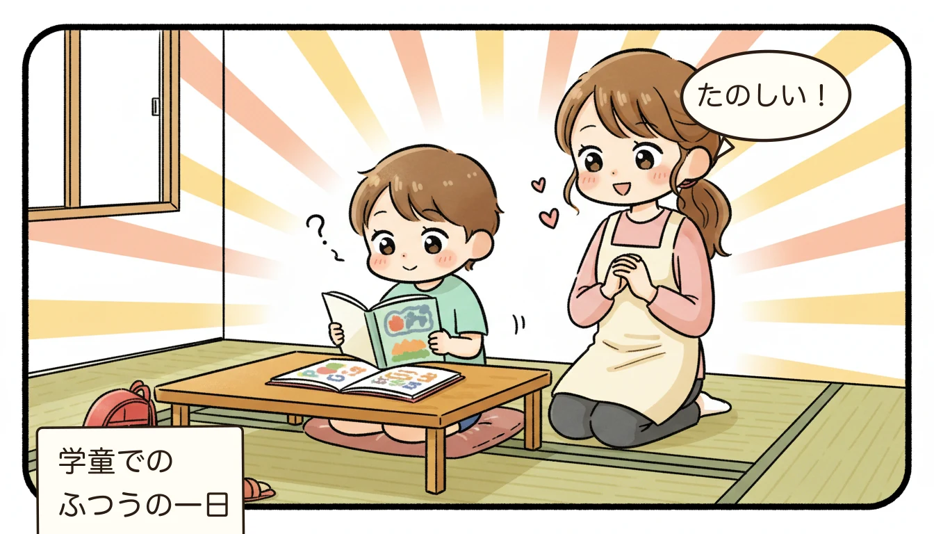 学童保育で子どもが楽しく過ごす日常を描いたコミックエッセイ風イラスト