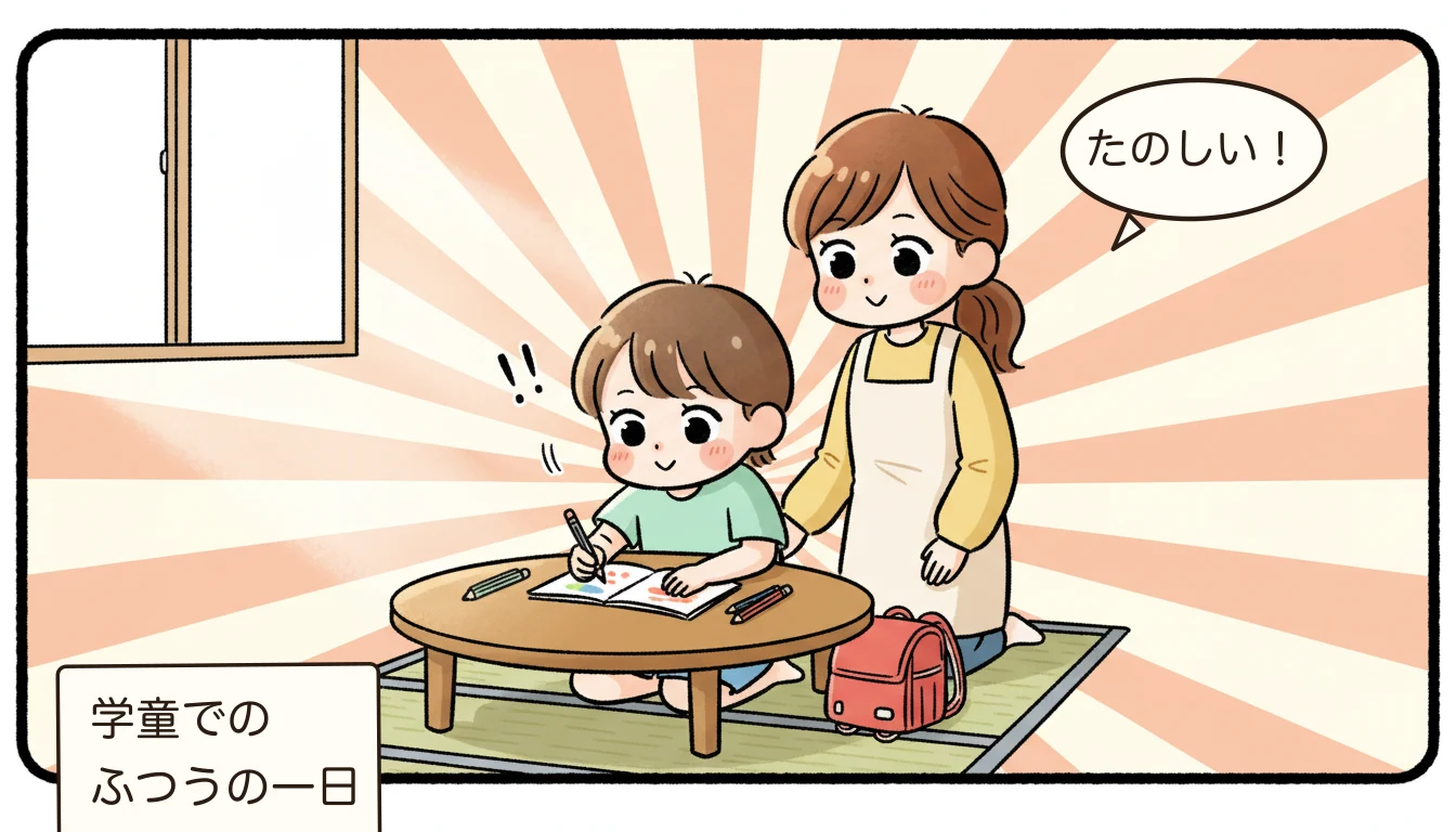 学童保育で子どもが楽しく過ごす日常を描いたコミックエッセイ風イラスト