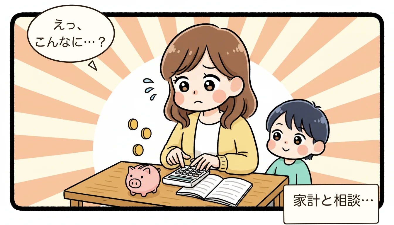 学童の延長保育料金はいくら?19時・20時以降の追加費用【2026年最新】について電卓をたたいて悩む母親のコミックエッセイ風イラスト