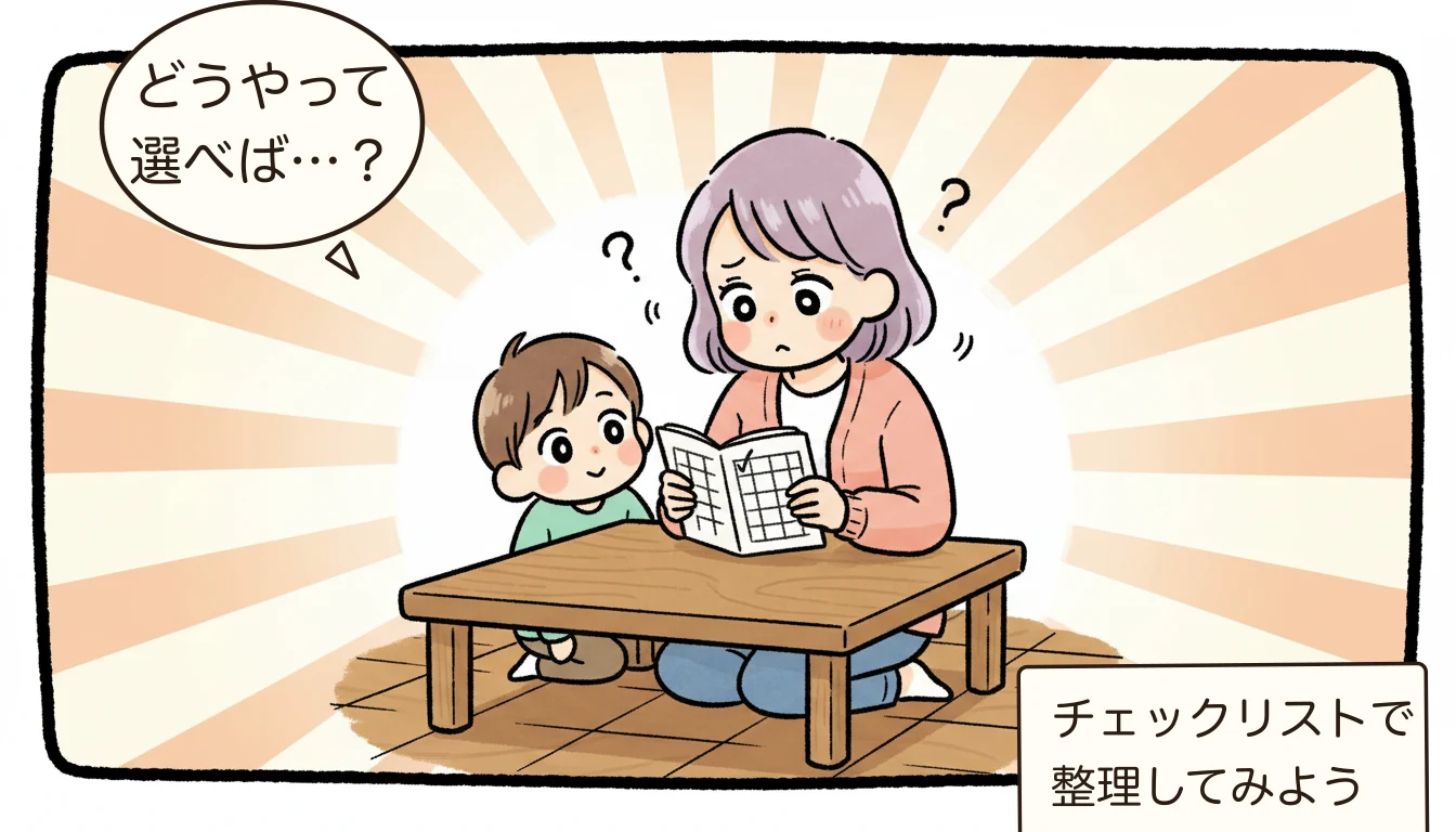 はじめての学童保育|入学前に知っておきたい基礎知識まとめ【2026年最新】を考える母親がチェックリストを見ながら悩むコミックエッセイ風イラスト