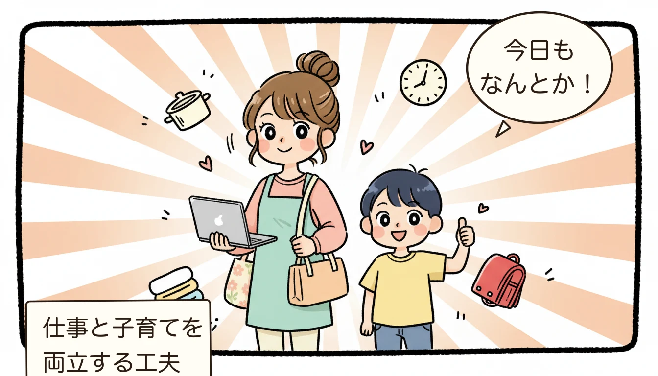 仕事と子育てを両立する共働きママと応援する子どもを描いたコミックエッセイ風イラスト
