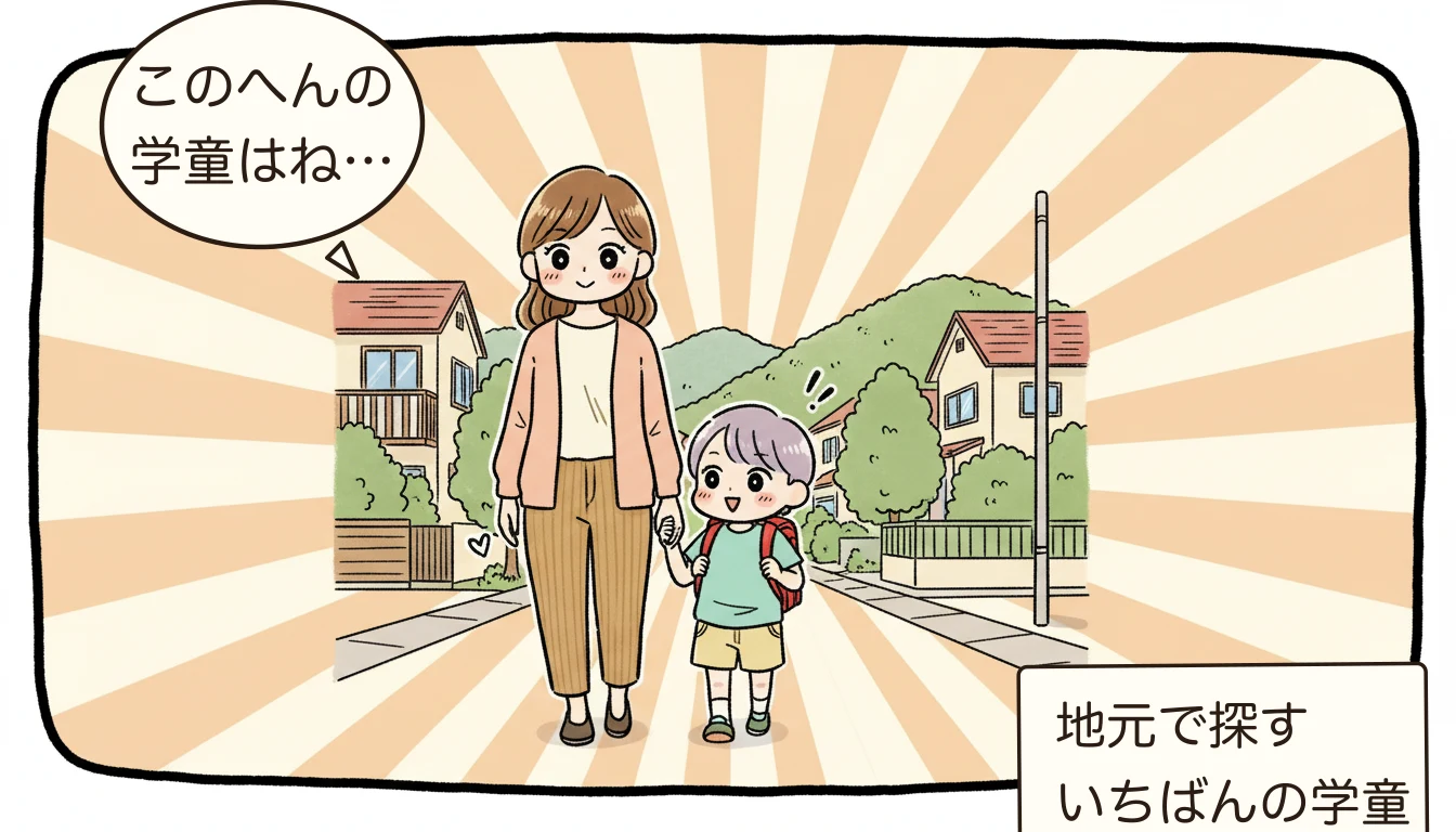 船橋市の学童保育おすすめ|放課後ルームの料金と民間学童を比較【2026年】の地域を歩く親子のコミックエッセイ風イラスト