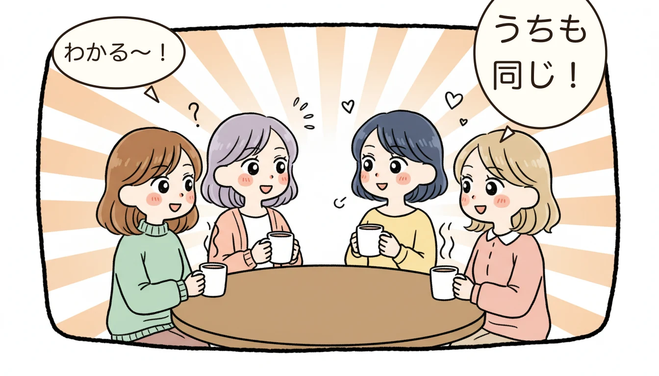 4人の母親が本音で語り合う座談会のコミックエッセイ風イラスト