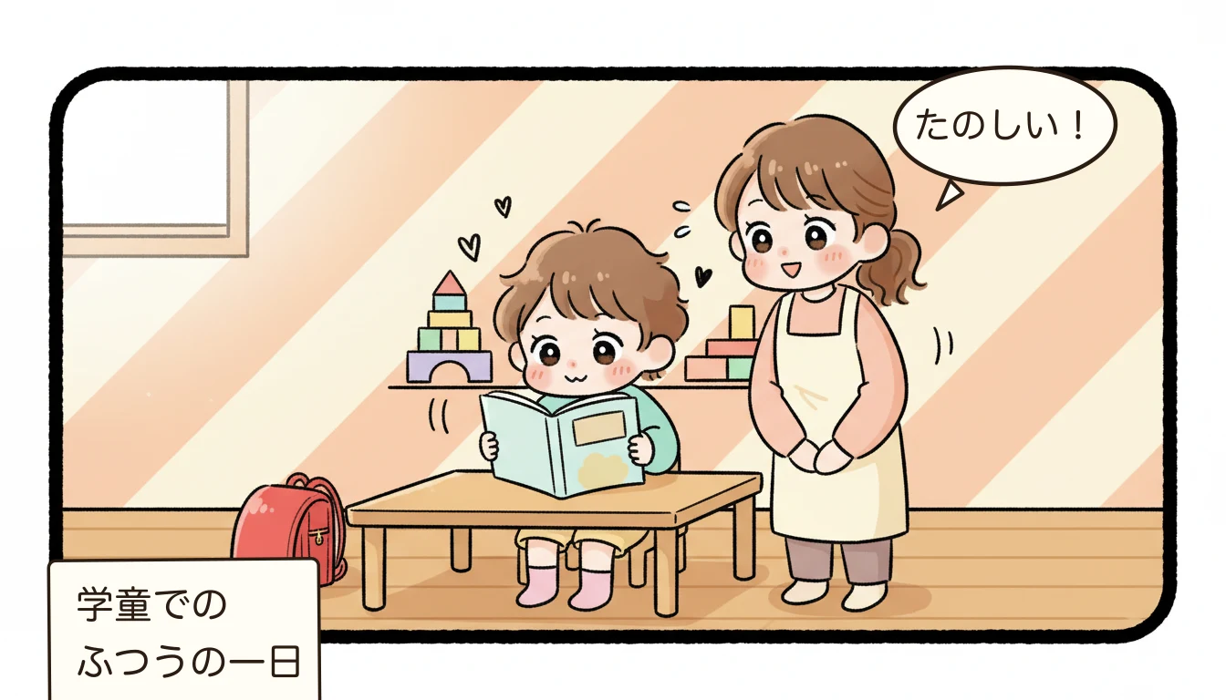 学童保育で子どもが楽しく過ごす日常を描いたコミックエッセイ風イラスト