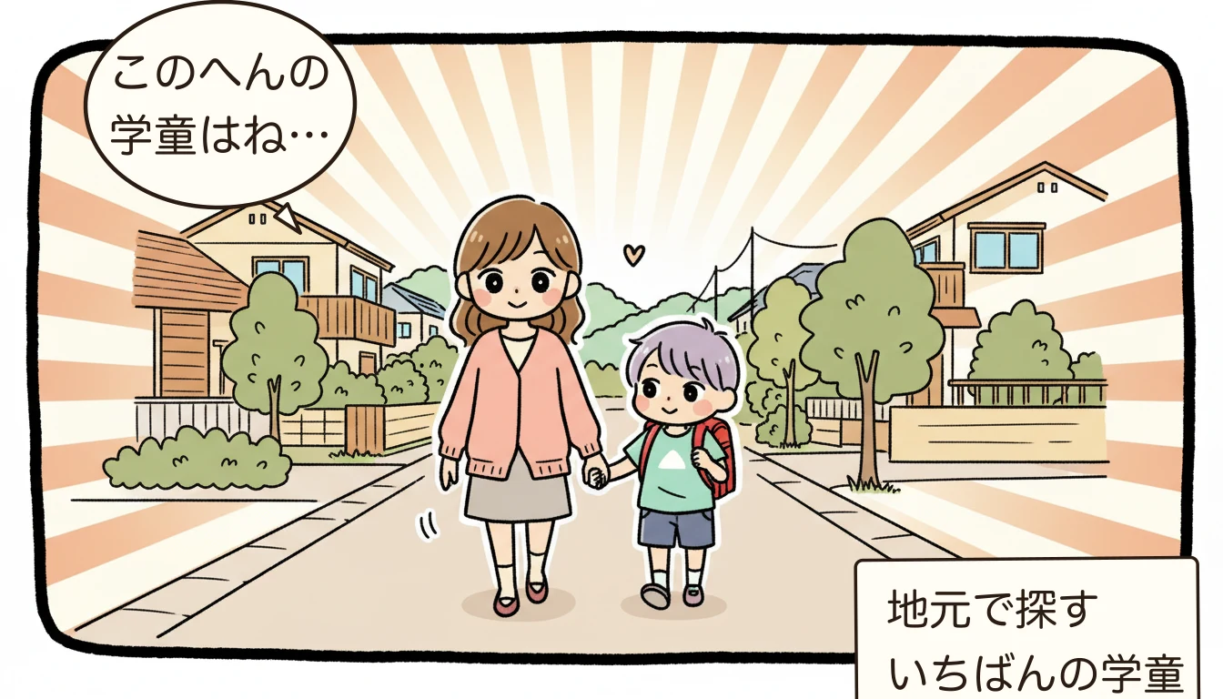 市川市の学童 空き状況・倍率・申込完全ガイド【2026年】の地域を歩く親子のコミックエッセイ風イラスト