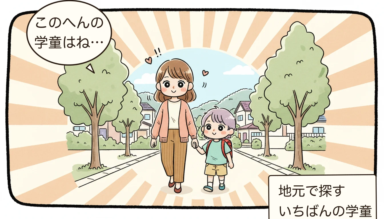 柏市の学童保育おすすめ|こどもルーム・民間学童を比較【2026年】の地域を歩く親子のコミックエッセイ風イラスト