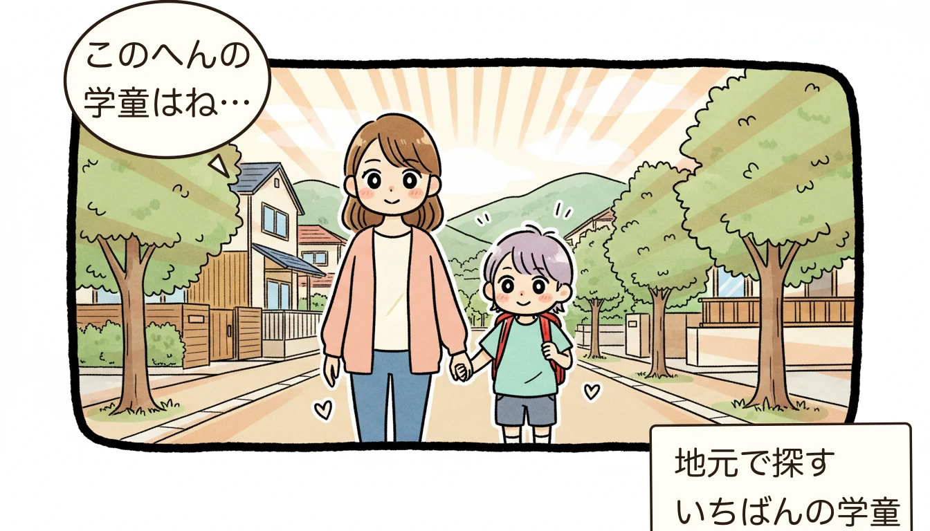 川崎市の学童保育「わくわくプラザ」の評判と実態の地域を歩く親子のコミックエッセイ風イラスト