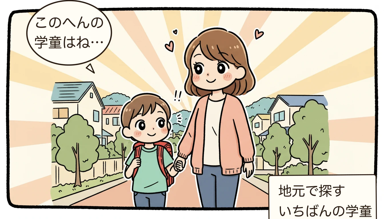 港北区の学童保育おすすめ|公立・民間学童を完全比較【2026年最新】の地域を歩く親子のコミックエッセイ風イラスト