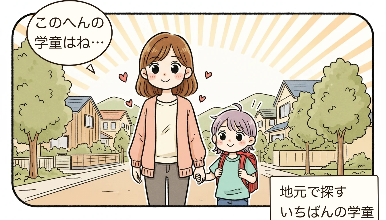 松戸市の学童保育おすすめ|公立・民間学童を完全比較【2026年最新】の地域を歩く親子のコミックエッセイ風イラスト