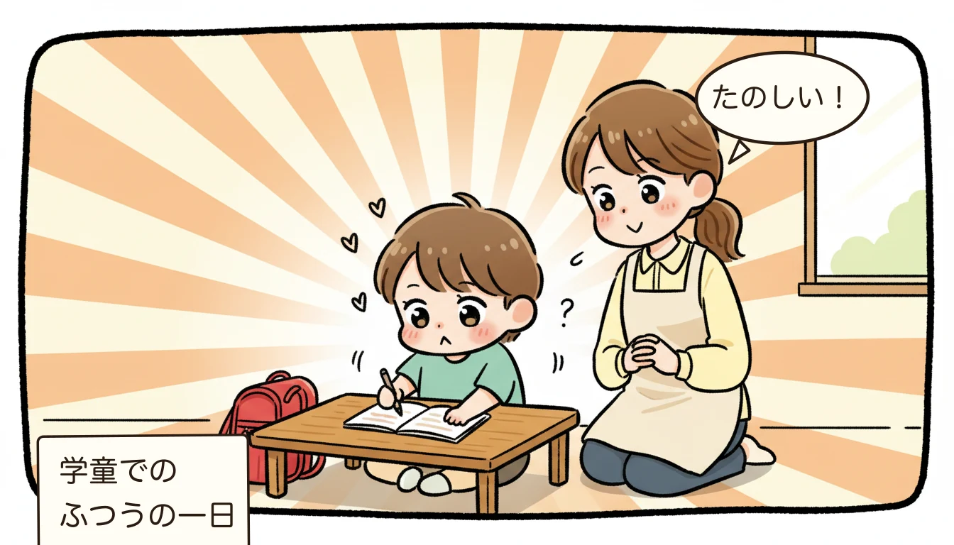 学童保育で子どもが楽しく過ごす日常を描いたコミックエッセイ風イラスト