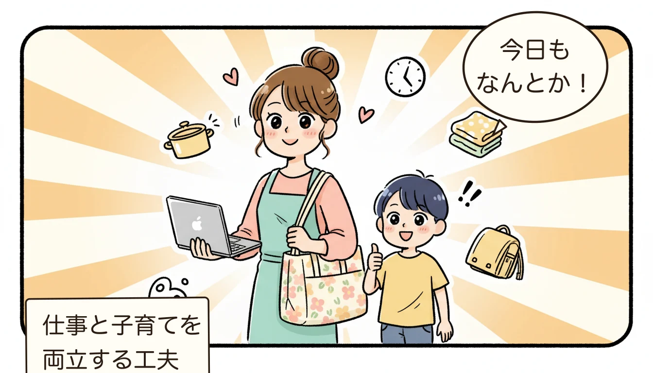 仕事と子育てを両立する共働きママと応援する子どもを描いたコミックエッセイ風イラスト