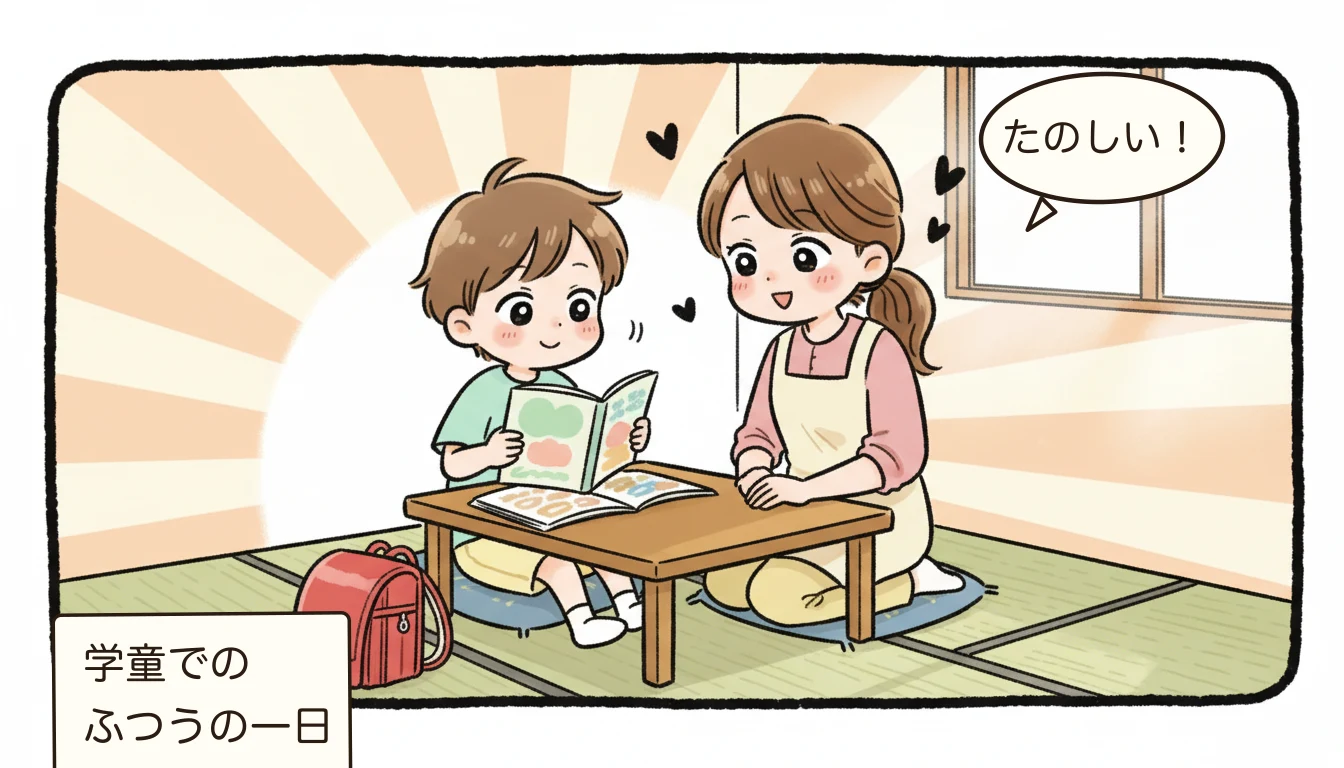 学童保育で子どもが楽しく過ごす日常を描いたコミックエッセイ風イラスト