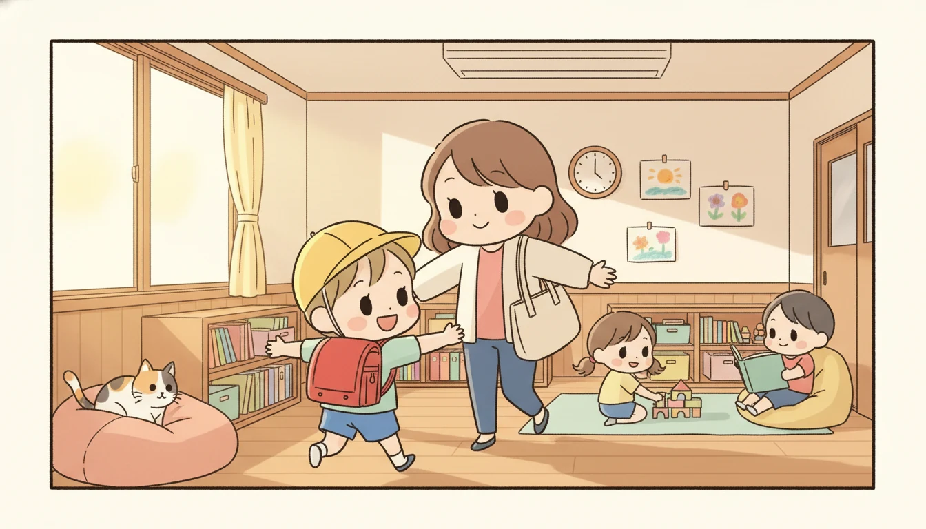 夕方の学童保育室。仕事帰りのお母さんを、黄色い帽子と赤いランドセル姿の男の子が笑顔で出迎えるイラスト。背景には本棚、積み木で遊ぶ女の子、絵本を読む男の子、ピンクのクッションに寝そべる三毛猫、壁には時計と子どもの絵。