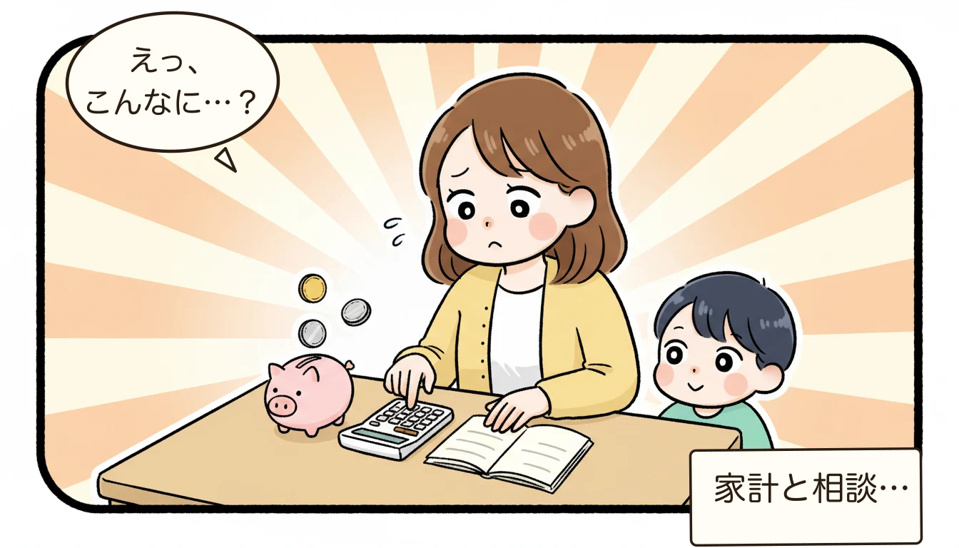 民間学童の料金相場2026|タイプ別・エリア別の費用比較について電卓をたたいて悩む母親のコミックエッセイ風イラスト