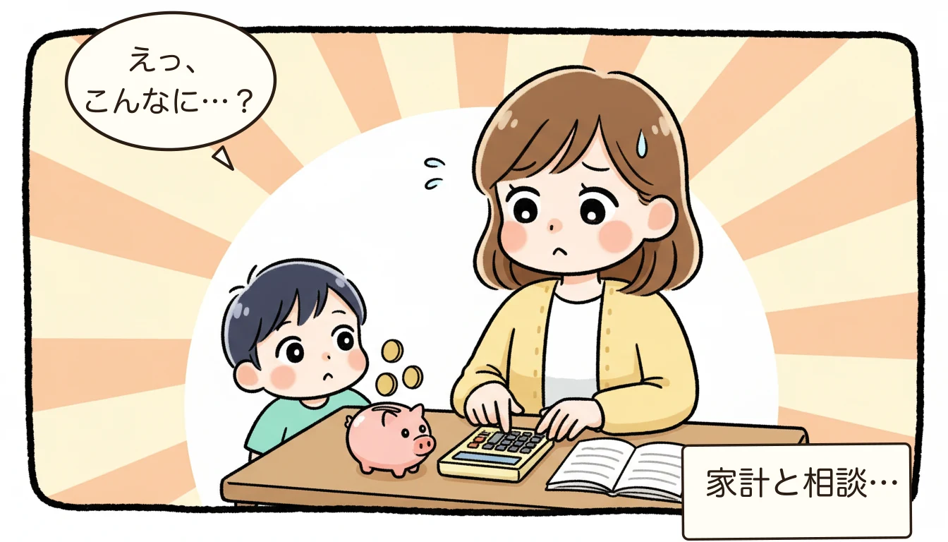 民間学童の月謝を徹底比較|月3万〜6万円の中身とは【2026年最新】について電卓をたたいて悩む母親のコミックエッセイ風イラスト